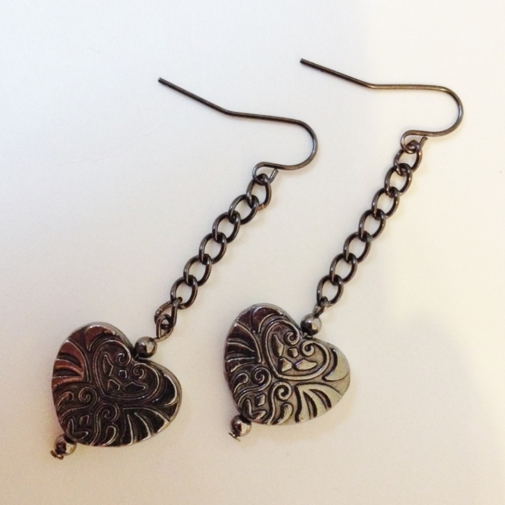 Heart Gun Metal Earrings Chain Ornate Engraved Handmade Dangle New Gift